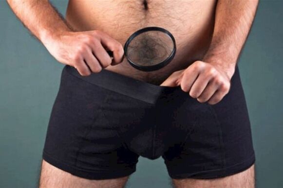 a man examines his penis with a magnifying glass and wants to make it thicker